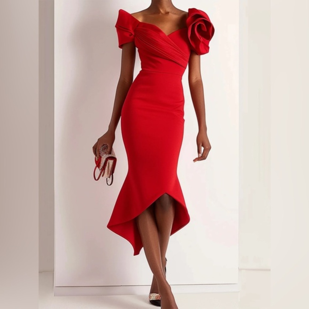NWT Fehaute Red 3D Floral Off The Shoulder Mermaid Midi Dress size 10